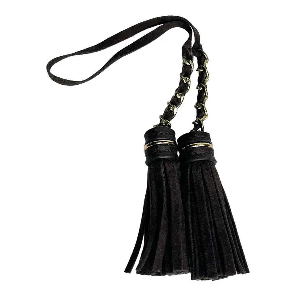 Leather Purse Charm Double Brown Suede Leather Gold Chain Tassels Handbag Fob
